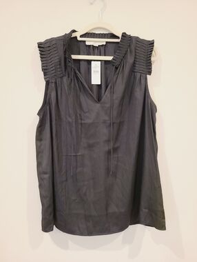 Loft Black Satin Notch Tie Neck Tank Blpuse